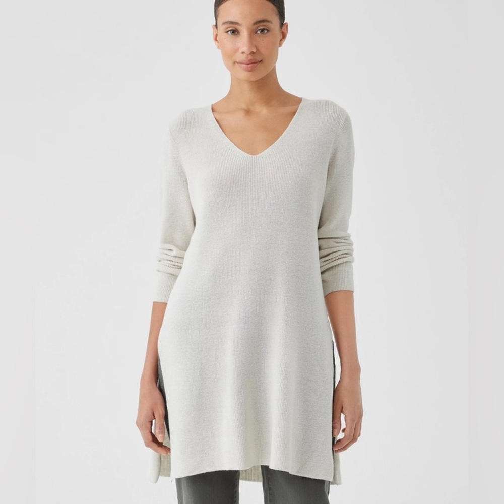Eileen Fisher Peruvian Organic Cotton Crepe V-Neck Long Top Knit Tunic Size M/L